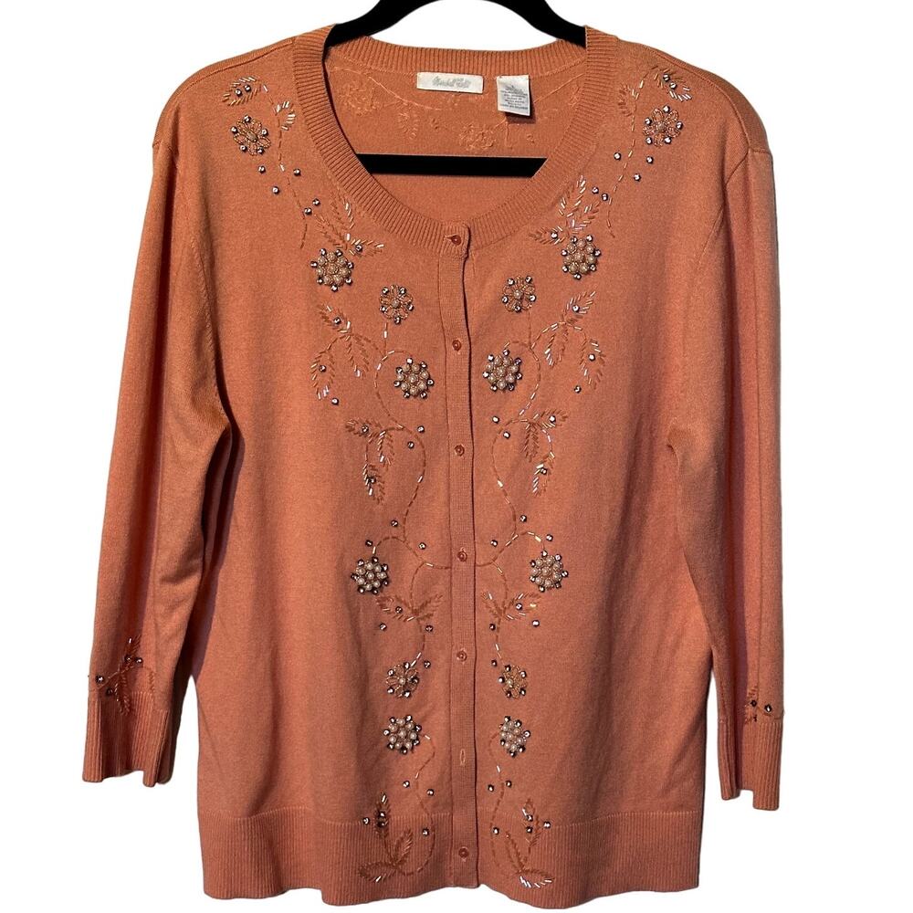 Vintage Marshall Fields Silk Blend Embelished Peach Button Up Sweater Size Large